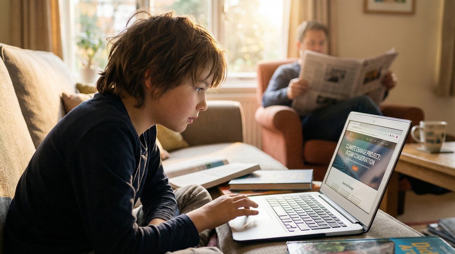 Ten-year-old researching on tablet with interested expression while parent sits in soft focus background