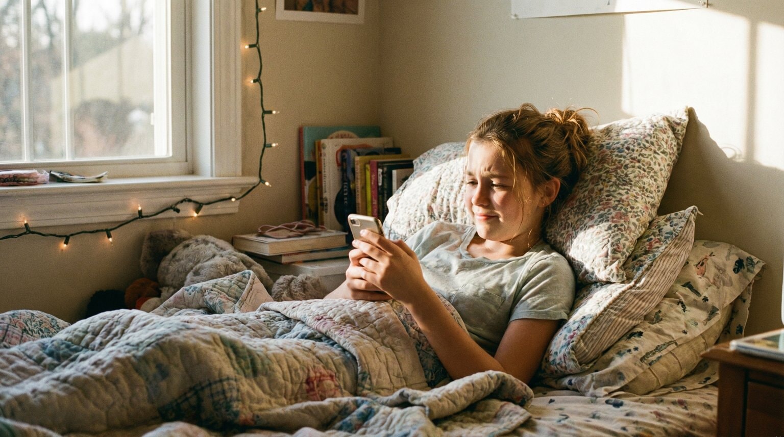 Tween girl lying on bed looking thoughtfully at phone with mixed emotions on face