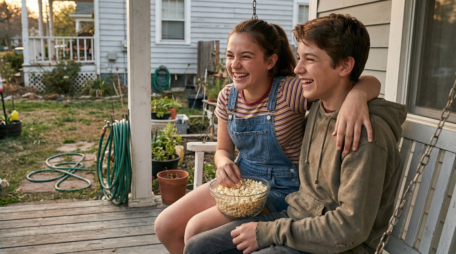 Two tweens sitting together on porch laughing and sharing a snack in genuine friendship moment