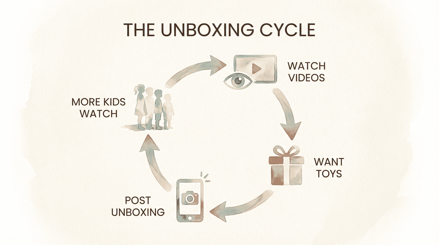 Circular flow chart showing unboxing cycle of watch videos leads to want toys leads to post unboxing leads to more kids watch