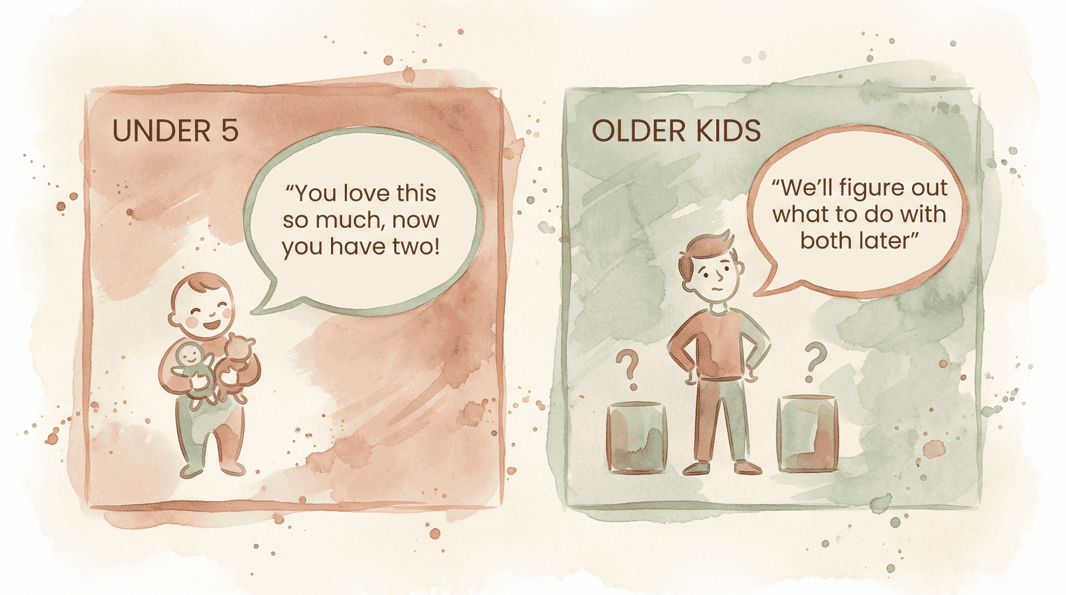 Comparison chart showing what to say about duplicate gifts for kids under 5 versus older kids