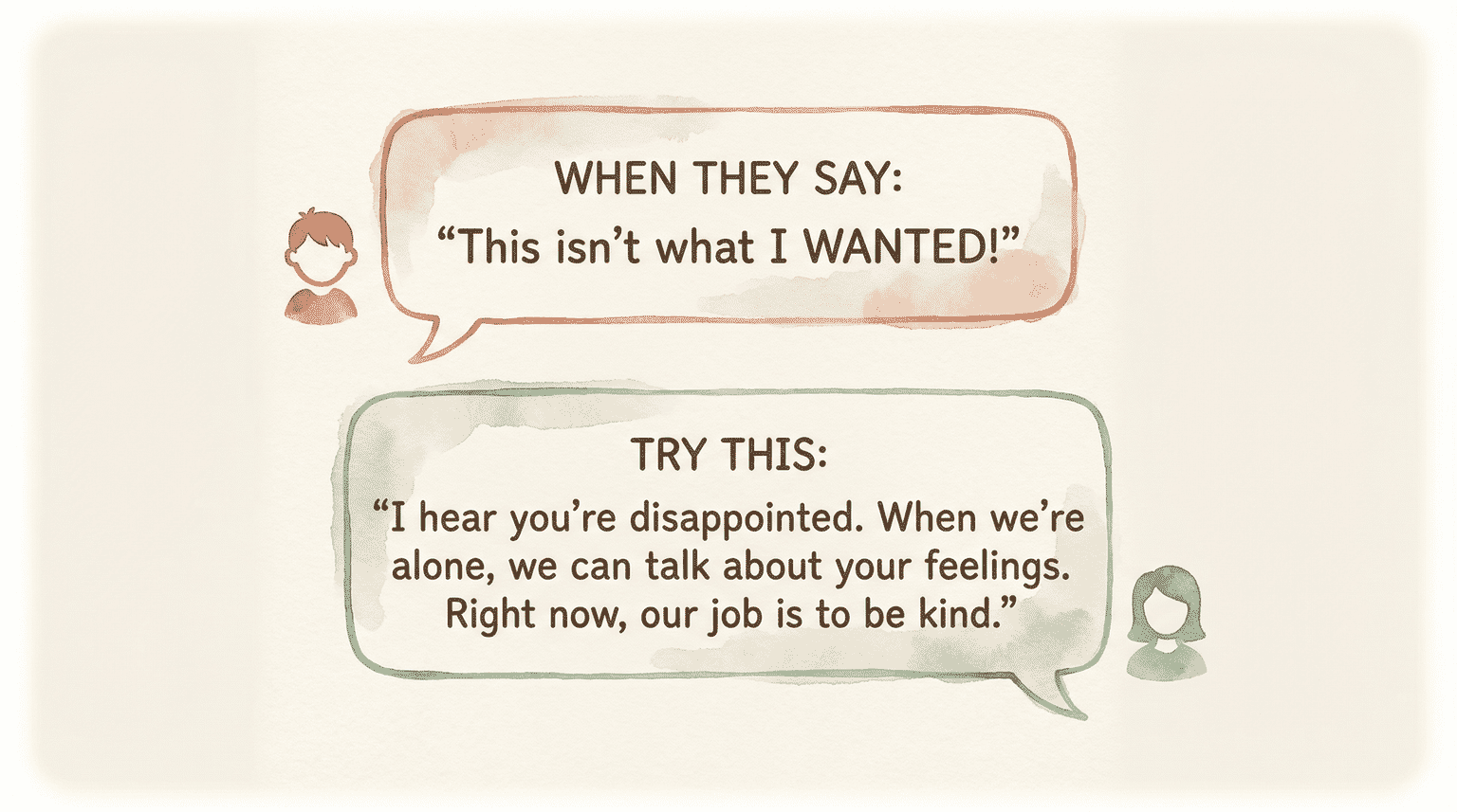 Speech bubble illustration showing how to respond when child says this is not what I wanted