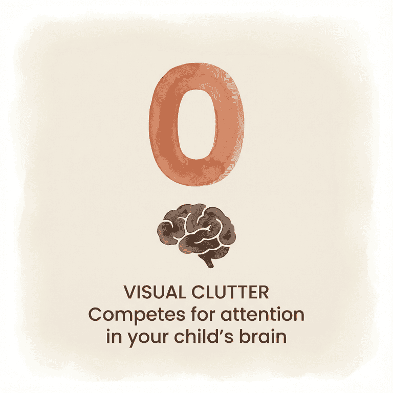 Stat box showing visual clutter competes for attention in child's brain