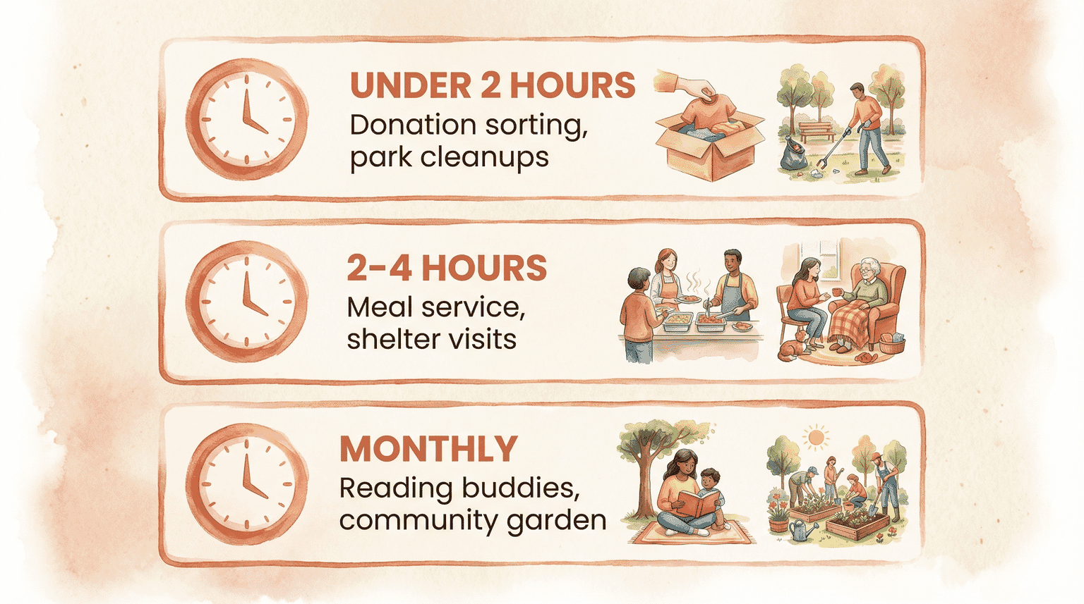 Infographic showing three time commitment levels for family volunteering with activity examples