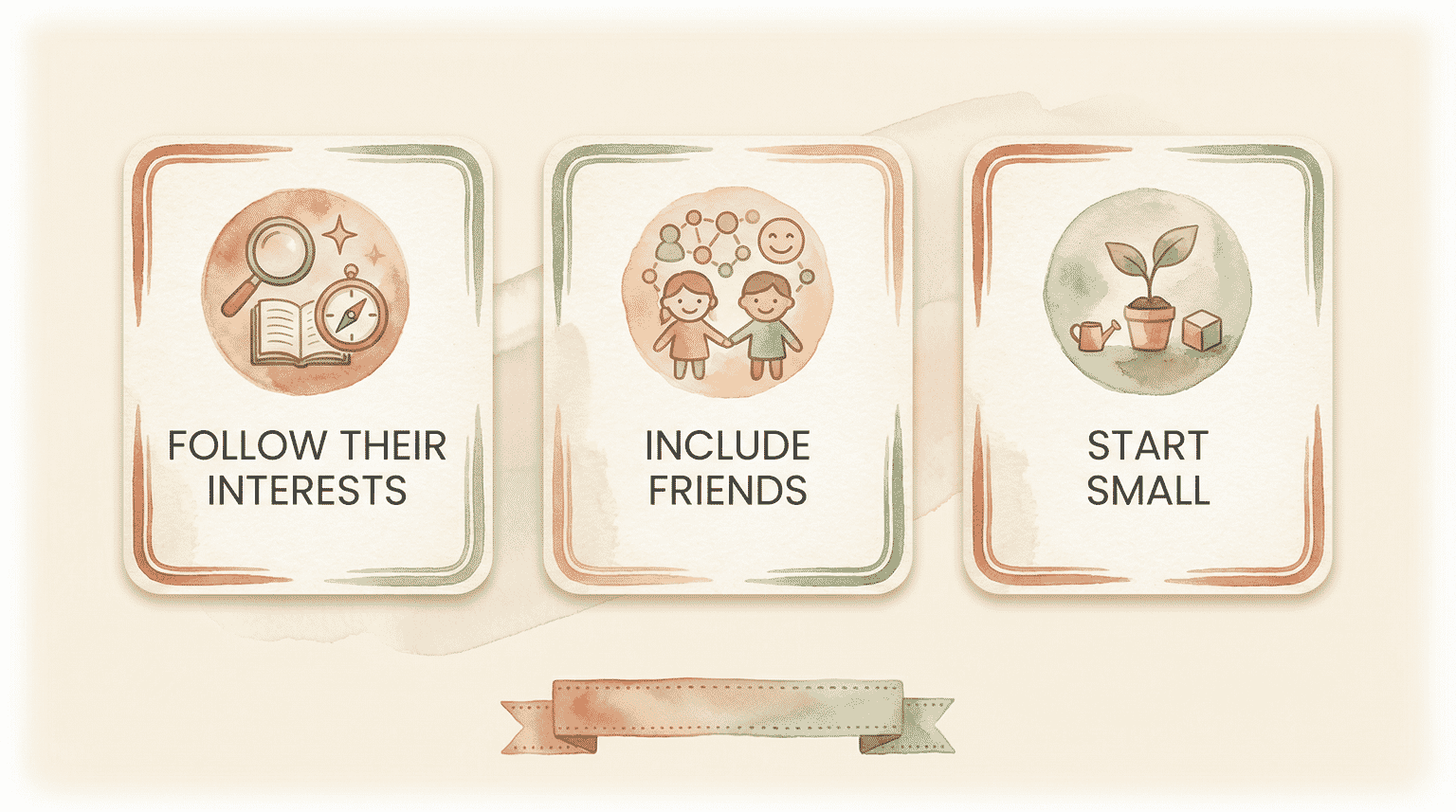 Infographic with three tips for engaging reluctant child volunteers: follow interests, include friends, start small