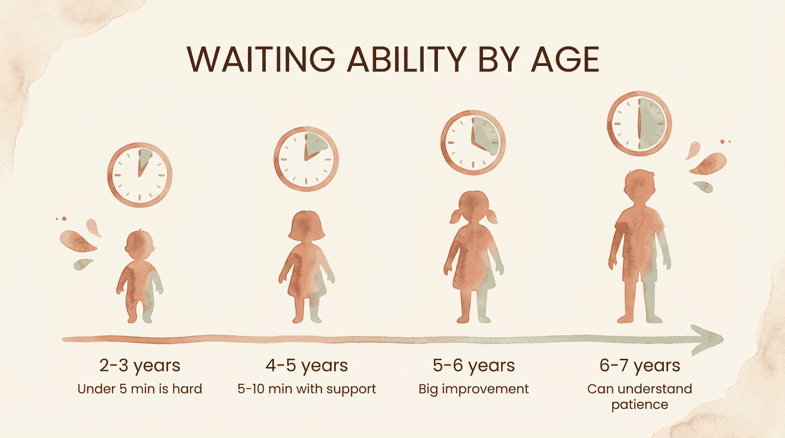 Infographic showing waiting ability progression from ages 2-3 through 6-7 years