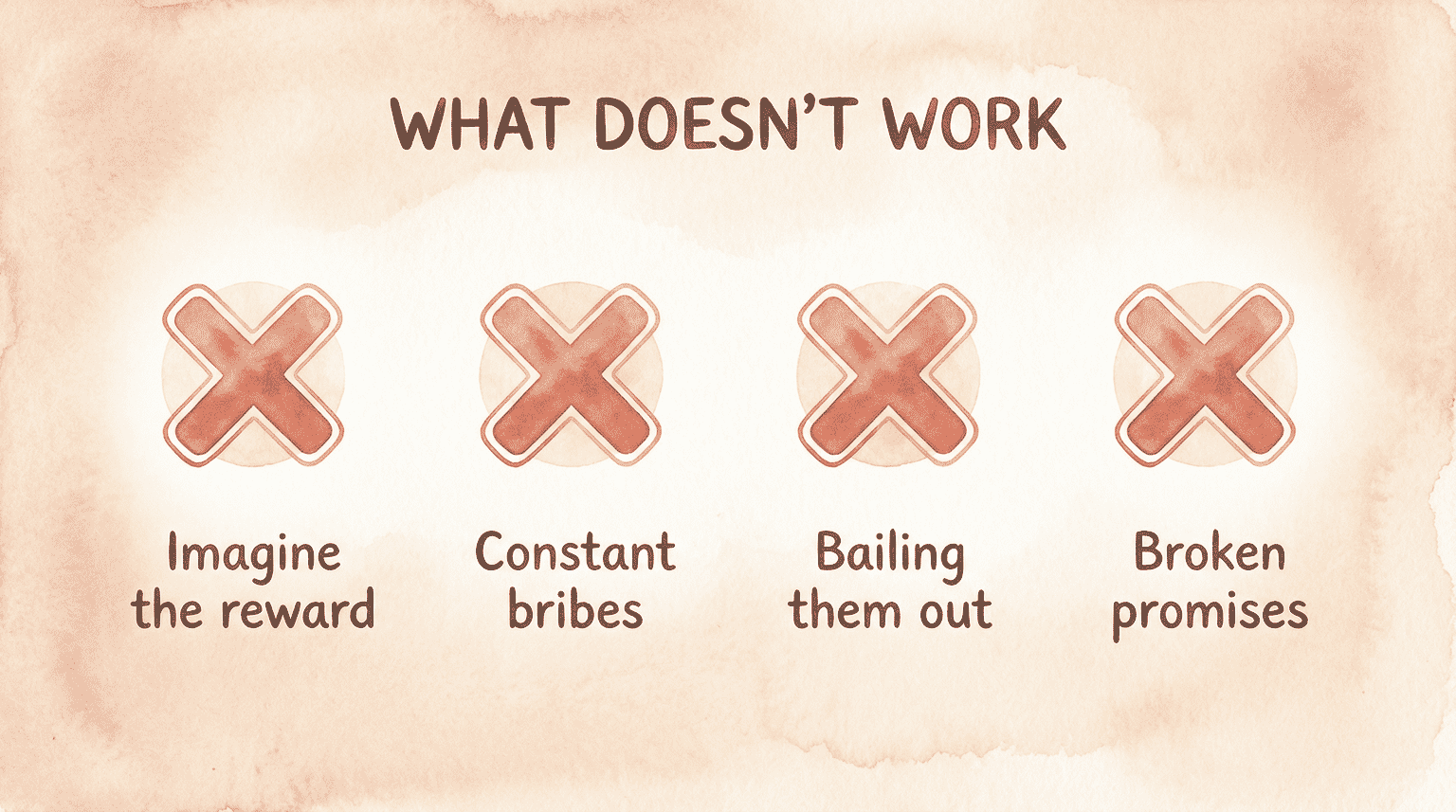 Four warning icons showing what doesn't work for teaching delayed gratification to children