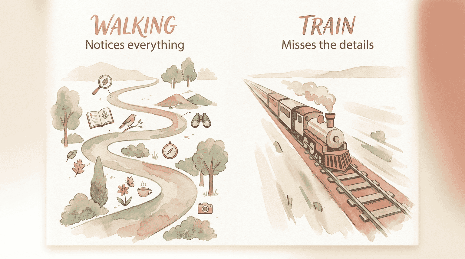 Watercolor illustration comparing winding walking path with detailed icons to straight direct train track