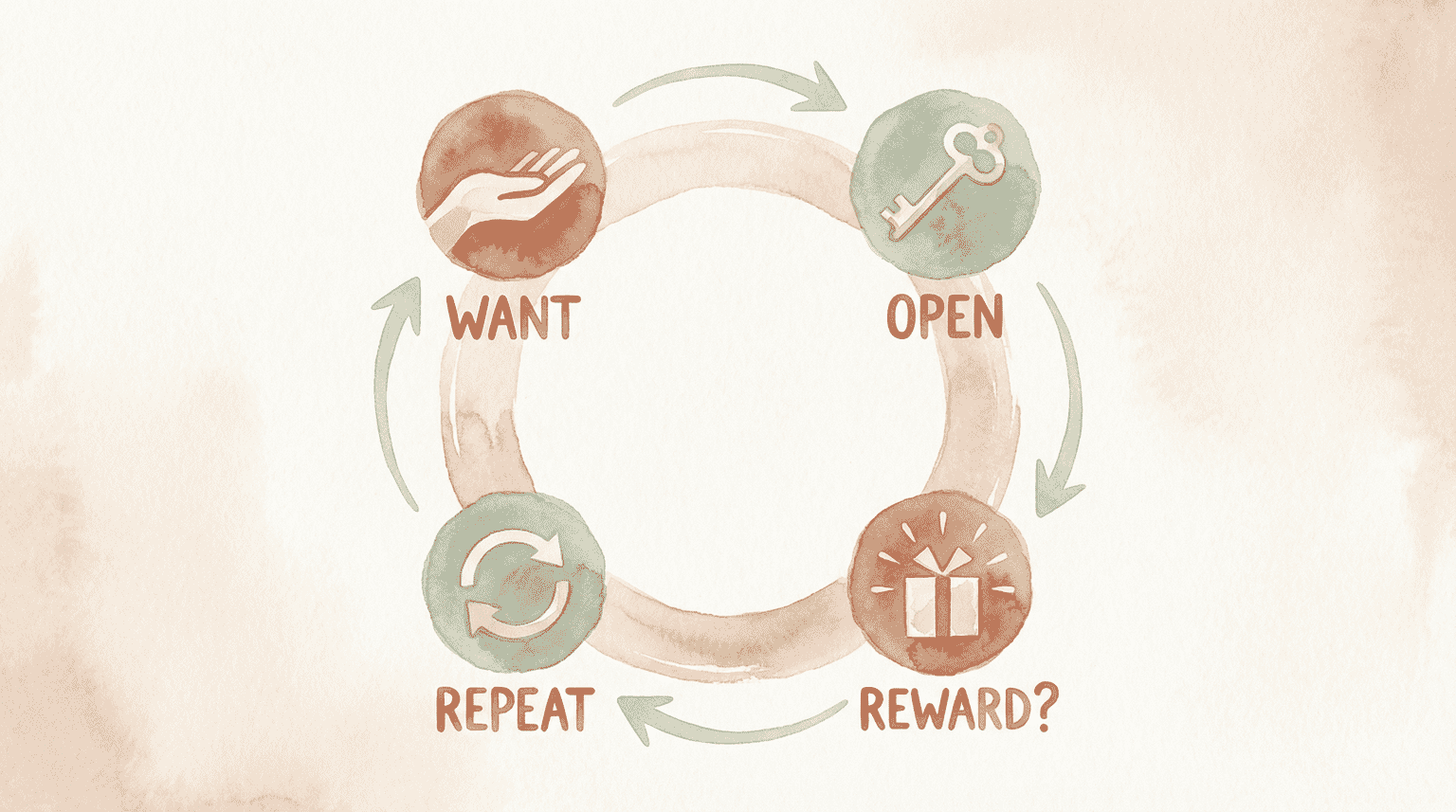 Circular diagram showing the dopamine loop of want, open, reward, repeat