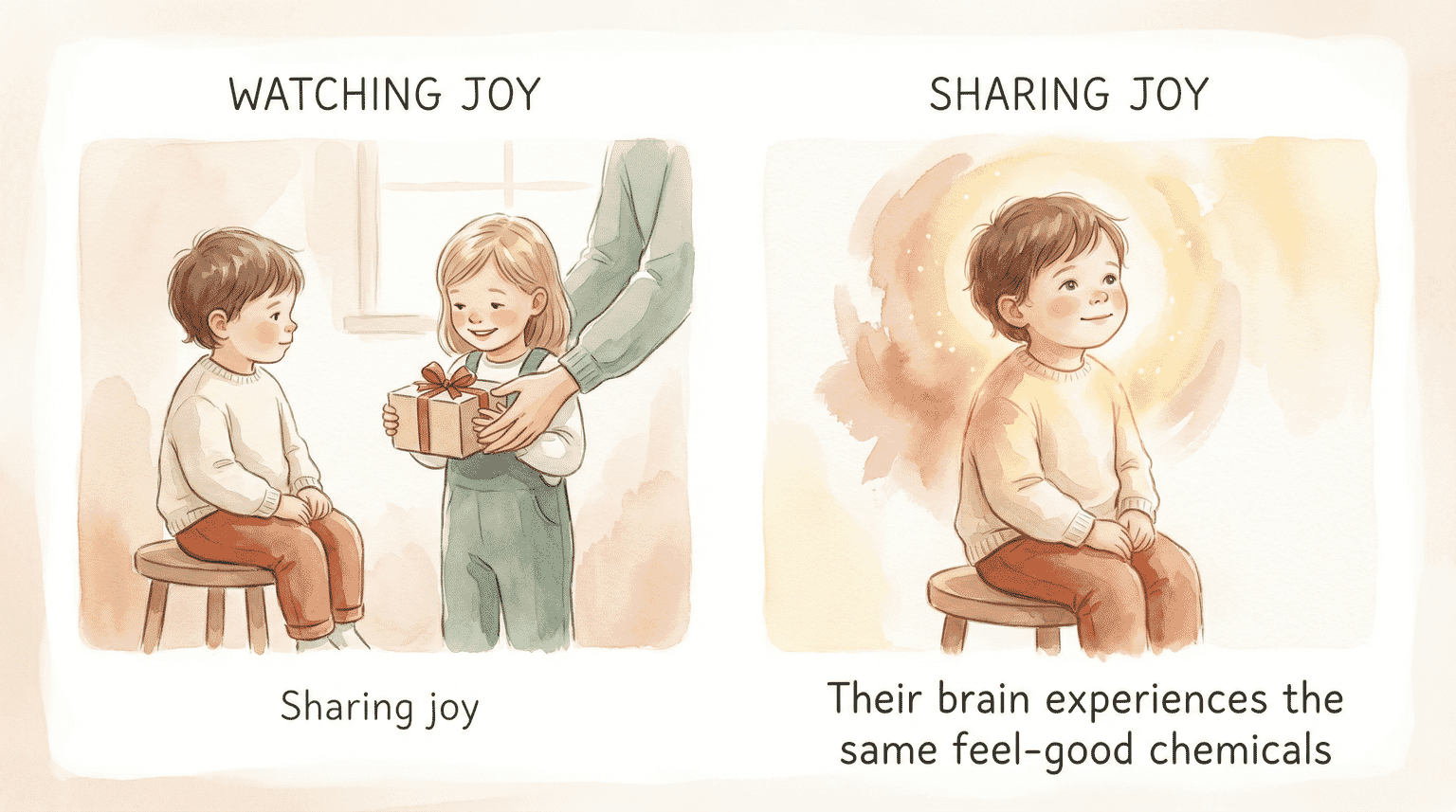 Before and after illustration showing child watching joy transforms into child sharing joy through brain chemistry