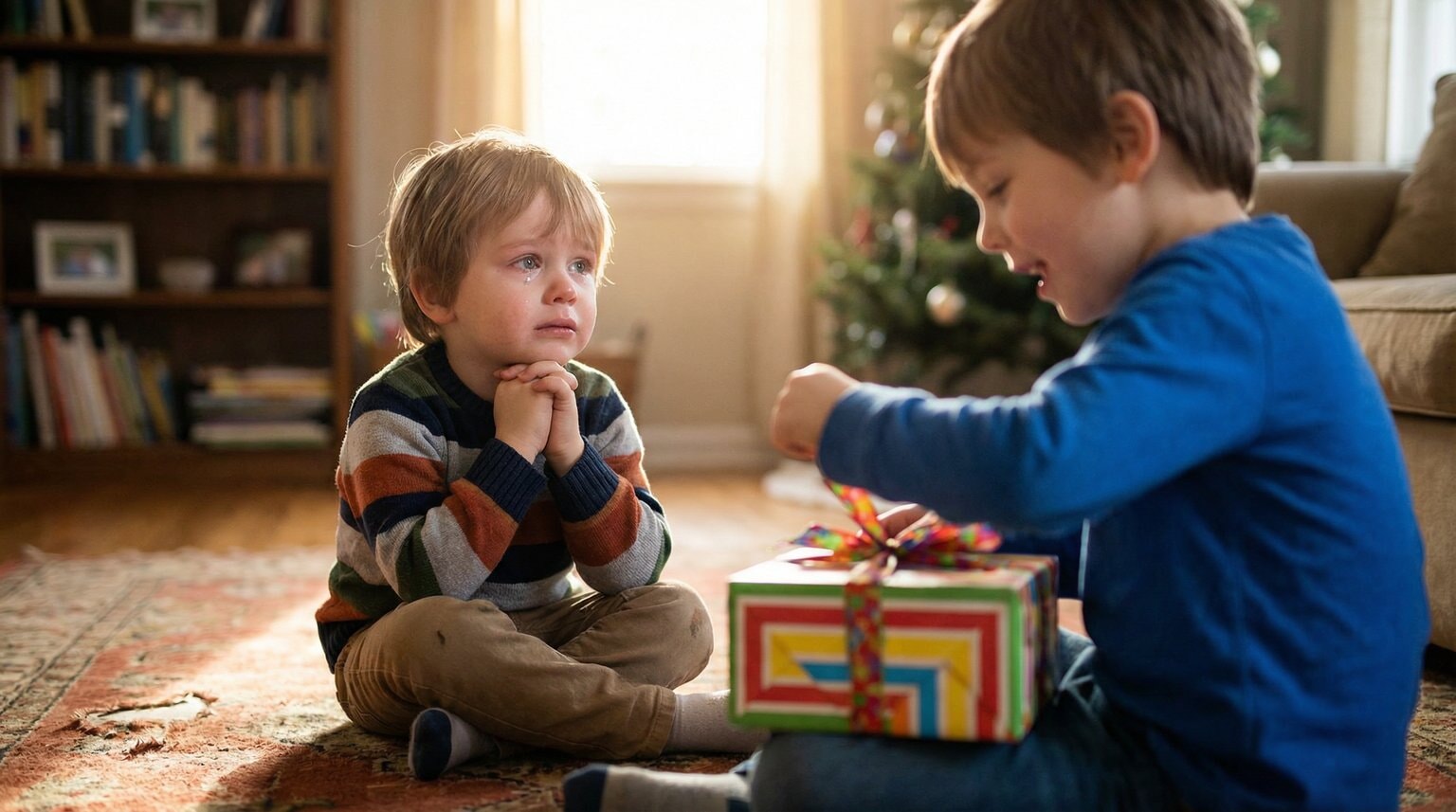 Preschooler watching intently with emotional eyes as sibling opens wrapped gift in cozy living room