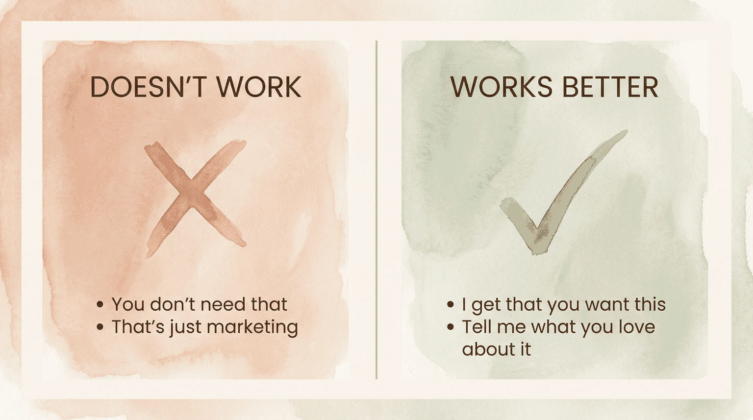 Comparison showing dismissive phrases that backfire versus validating approaches that work