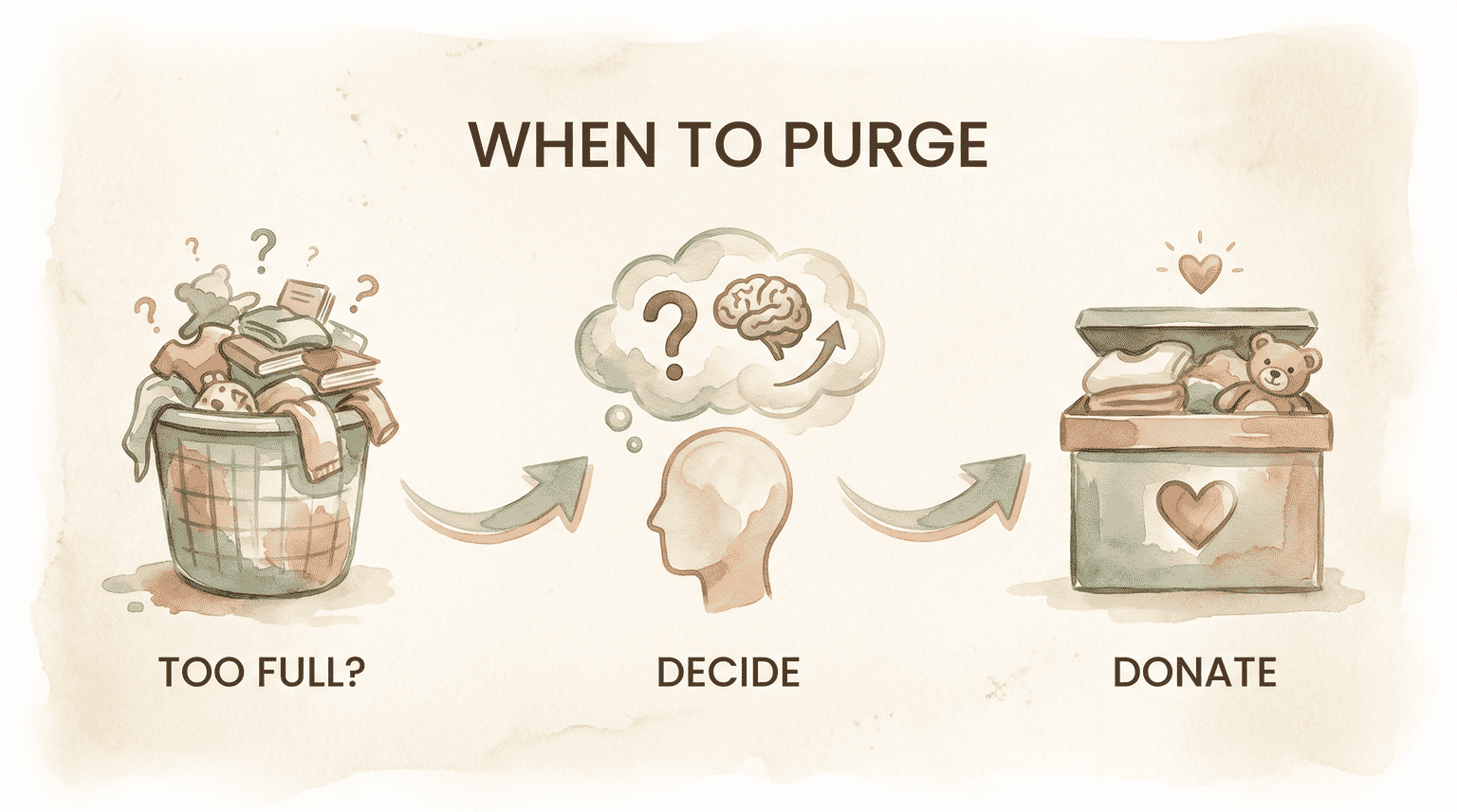 Three-step process flow showing when toys are too full, decide, then donate