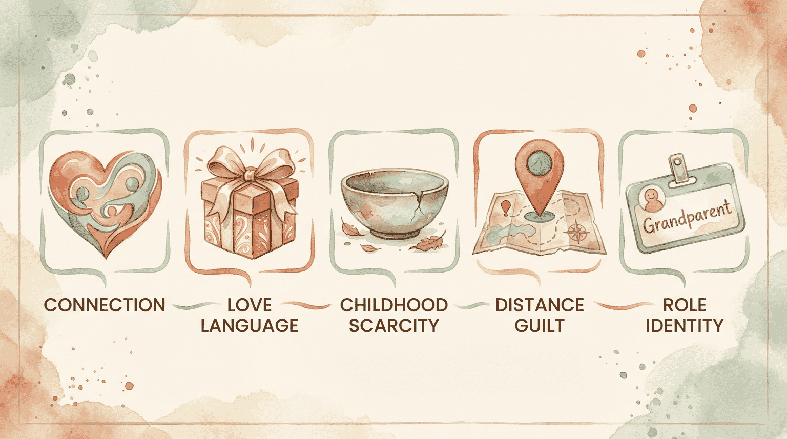Five icons showing reasons grandparents over-give including connection, love language, scarcity, distance, and role identity