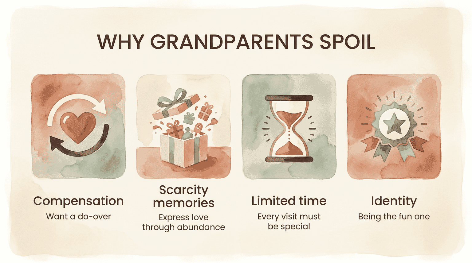 Infographic showing four reasons grandparents spoil including compensation, scarcity memories, limited time, and identity