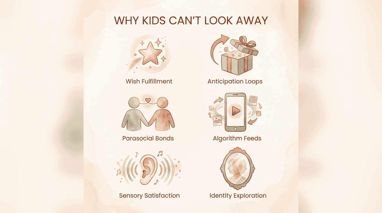 Infographic showing six icons representing why kids love unboxing videos including wish fulfillment, anticipation, and parasocial bonds