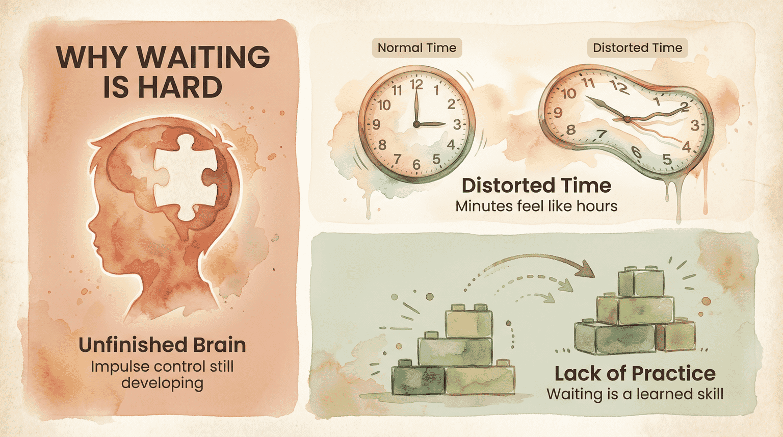 Infographic showing three reasons kids struggle to wait: unfinished brain, distorted time perception, and lack of practice