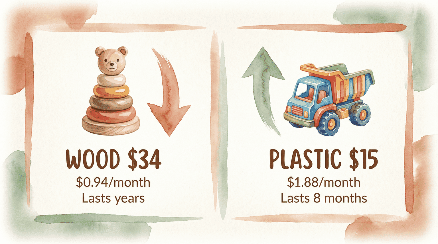 Two-panel cost comparison showing wooden toy at 94 cents per month versus plastic toy at 1.88 dollars per month