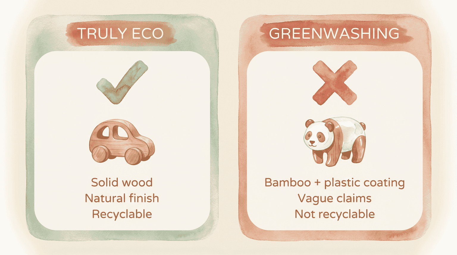 Two-panel comparison showing truly eco solid wood toys versus greenwashing bamboo toys with plastic coating