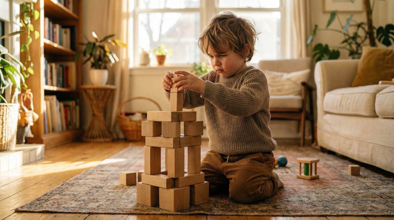 Young child deeply focused building elaborate structure with simple wooden blocks on living room floor