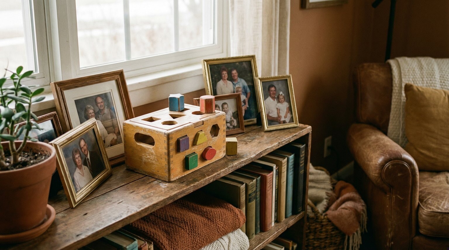 Well-loved wooden shape sorter toy on family bookshelf alongside family photos