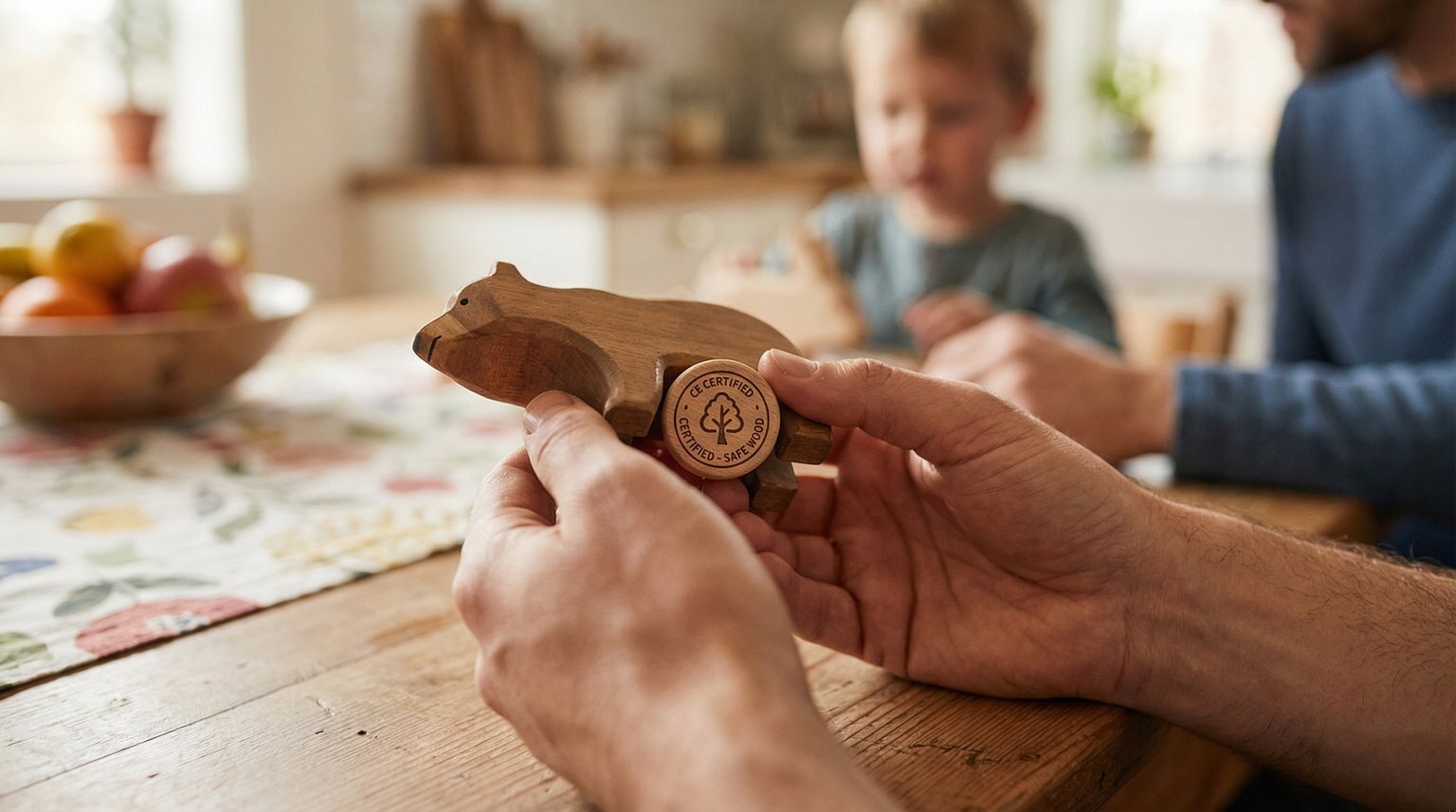 Close-up of hands holding wooden toy showing certification stamp on bottom