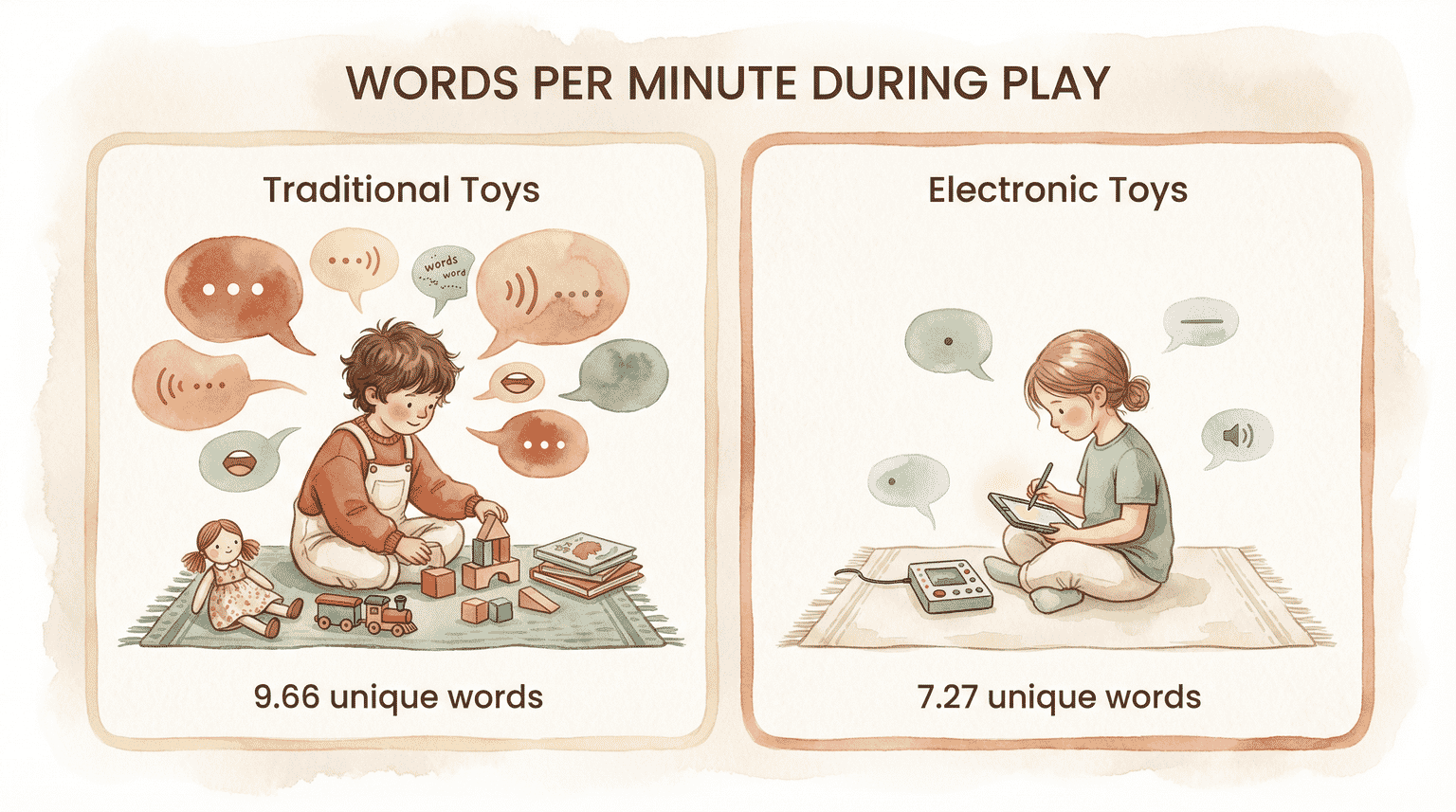Comparison showing traditional toys produce 9.66 unique words per minute versus 7.27 for electronic toys