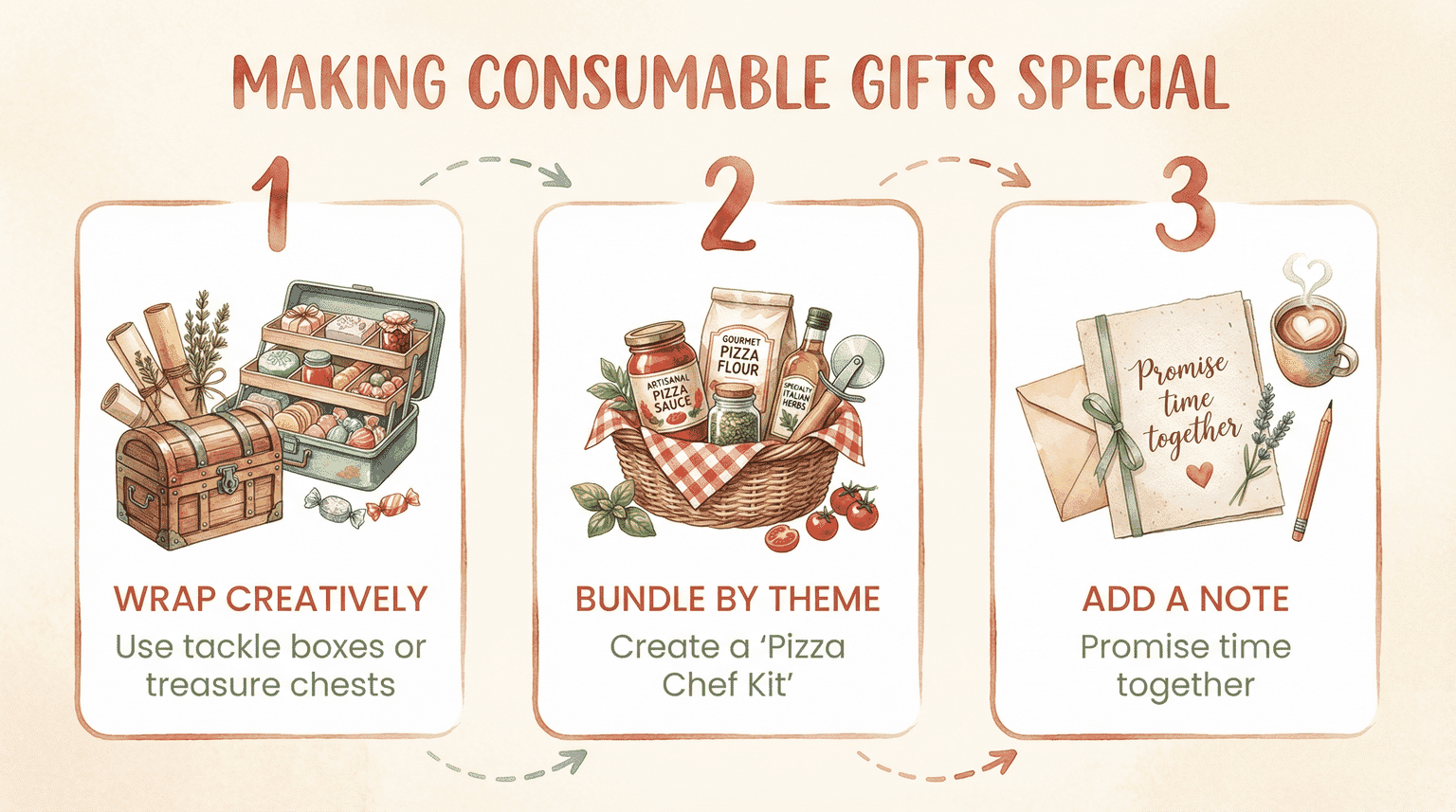 Three-step diagram showing creative wrapping, themed bundling, and adding a handwritten note