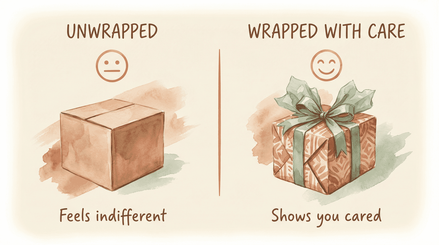Comparison showing unwrapped gift feels indifferent while wrapped gift shows care