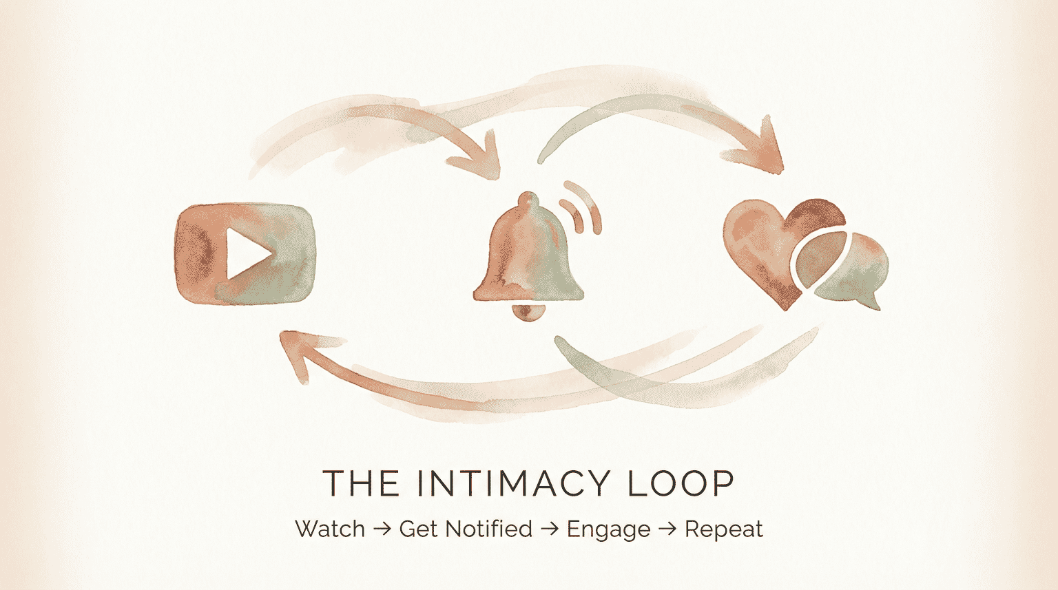 Infographic showing the YouTube intimacy loop cycle of watch, get notified, engage, and repeat