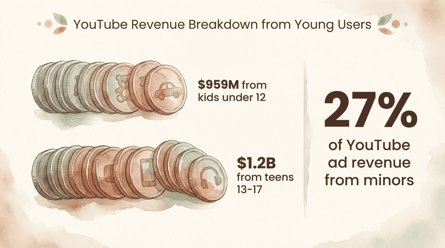 Infographic showing YouTube revenue breakdown with 959 million from kids under 12 and 1.2 billion from teens